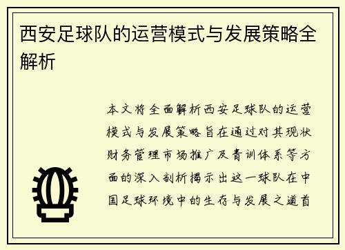 西安足球队的运营模式与发展策略全解析
